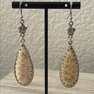 Vintage Sajen Silver Carved Bone Tear Drop Dangle Earrings.